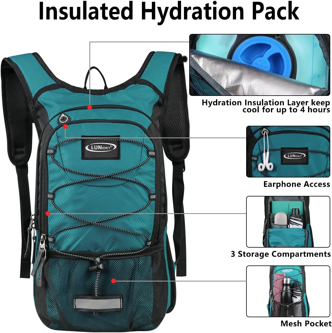 Insulated Hydration Pack Backpack with 3L BPA Free Leak-Proof Water Bladder, Keep Liquids Cool for Up to 5 Hours, Daypack for Hiking, Running, Cycling, Hunting, Climbing