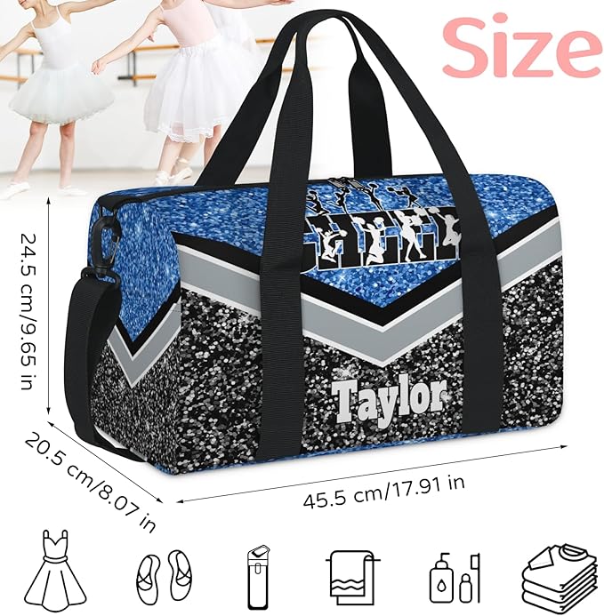 Personalized Gym Dance Ballet Bag Small, Custom Name Cheer Sport Weekender Carry On Travel Duffel Bags, Water Blue with Black Glittering Cheerleading