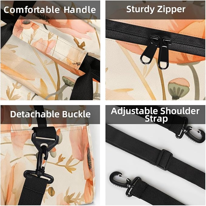 Sports Duffel Bags, Peach Poppy Watercolor Water-Resistant Gym Duffle Bag for Men Women, Lightweight Weekender Overnight Bag for Fitness, Workout, Travel