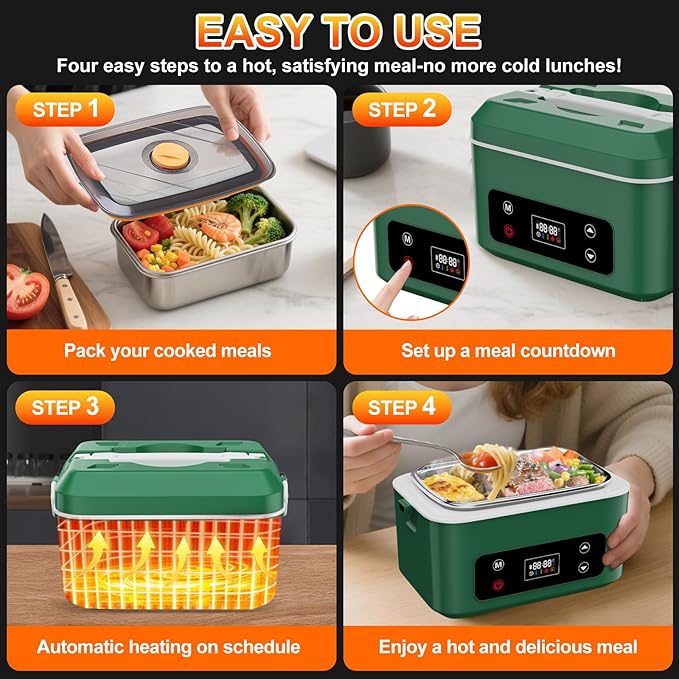 Heated Lunch Box,Pro 24000mah Electric Lunch Box,Battery Powered, 5.5 Cups Portable Food Heater-3D-5 Side Heating-Intelligent Temperature Control,Suitable For Trucks,Offices, Outdoors(Army/Green)