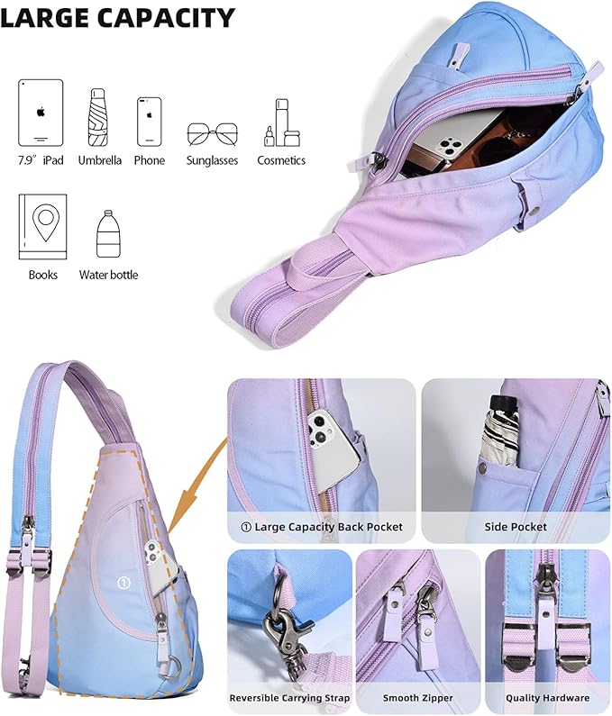 KL928 Canvas Sling Bag - Small Crossbody Backpack Shoulder Casual Daypack Rucksack for Men Women(Large Version,PalePurple+SkyBlue)