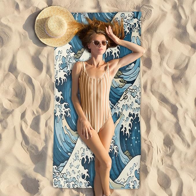 Rough Sea Waves Beach Towel, Large Microfiber Quick Dry Lightweight Pool Bath Towels Sand Free Beach Blanket for Summer Cruise Yoga Camping Travel Vacation Essentials 31 x 61 in