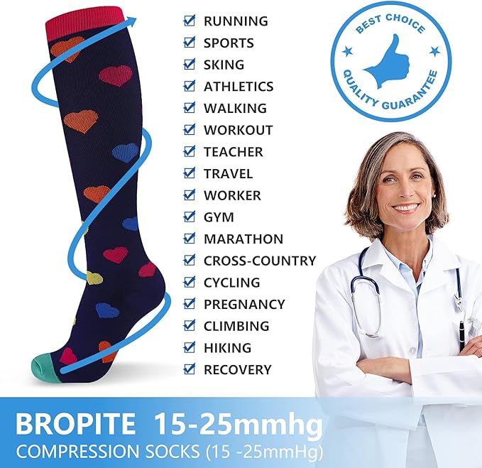 bropite Flora Compression Socks for Women & Men-Knee high 6 Pairs 20-30mmhg Support Running Nurse Travel