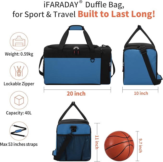 iFARADAY 40L Gym Bag for Men - 20 inch Sport Duffle Bag with Side Pocket, Two-Tone Design for Basketball, Football, Workout - Blue