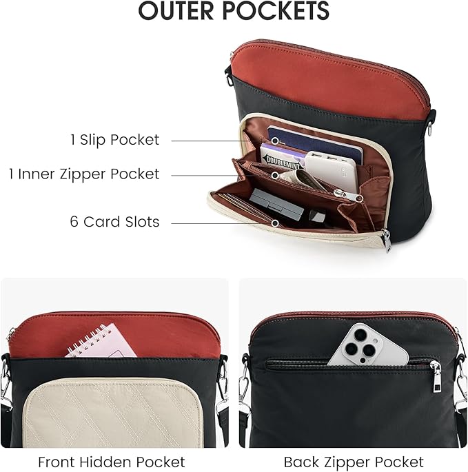 G4Free Anti-Theft Crossbody Bags for Women, Lightweight Nylon Shoulder Purse Medium Handbags for Travel Work-Black&Red