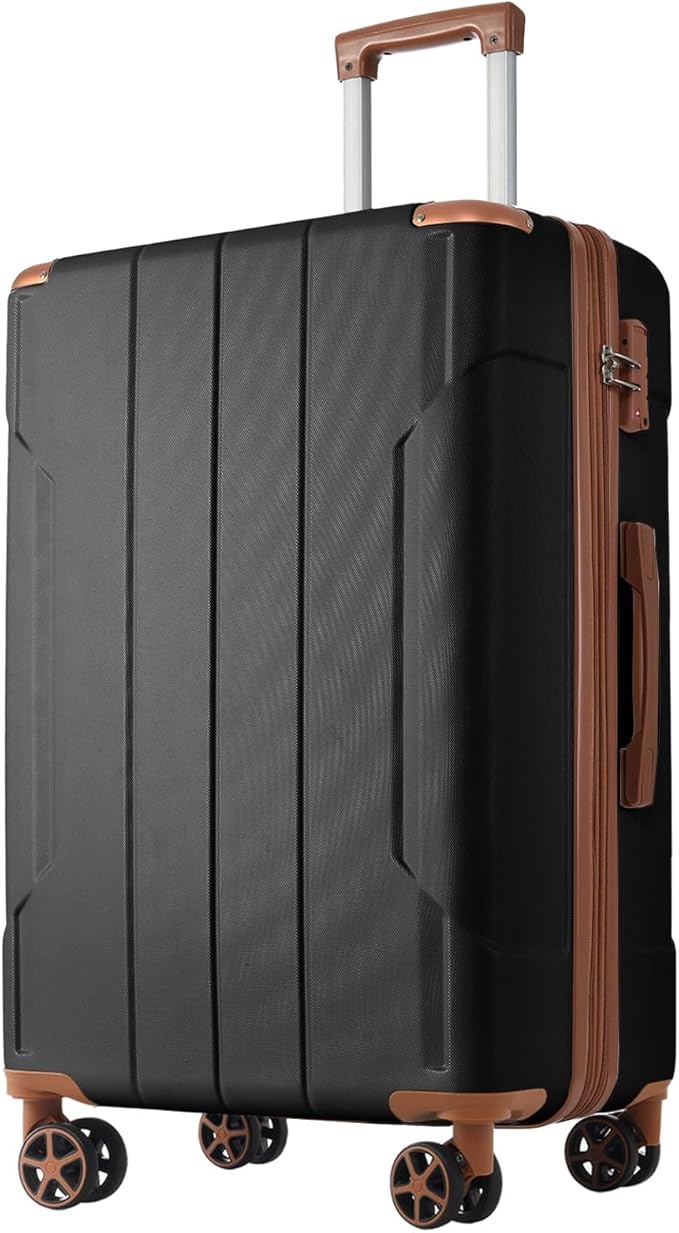 24 Inch Hardshell Luggage Lightweight Checked Luggage, Black Brown Hardside ABS Suitcases with Double Wheels and TSA Lock, Medium Expandable 24-inch Carry on Luggages for Travel, Men, Women