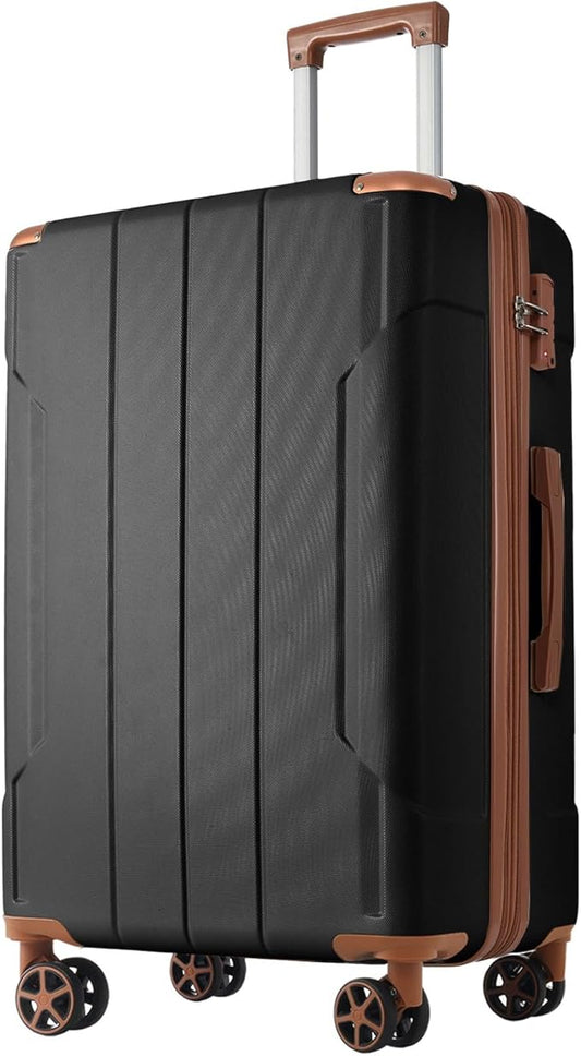 24 Inch Hardshell Luggage Lightweight Checked Luggage, Black Brown Hardside ABS Suitcases with Double Wheels and TSA Lock, Medium Expandable 24-inch Carry on Luggages for Travel, Men, Women