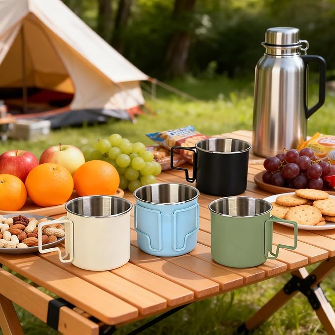 4 Pack Stainless Steel Camping Cups with Foldable Handle, 14.8oz Portable Cups for Coffee & Travel, Dishwasher Safe - Perfect for Picnic, Hiking, Office (4 Colors)
