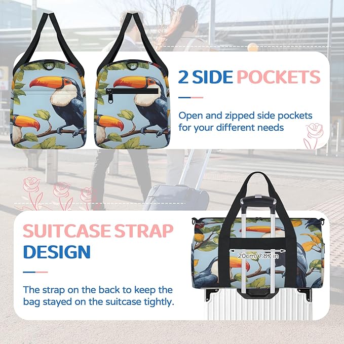 Cute Toucan Travel Duffle Bag for Women Men, Overnight Weekender Bag, Carry on Tote for Sport Gym