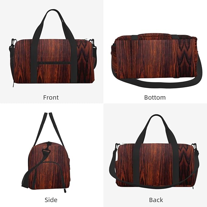 Dark Mahogany Wood Grain Brown Wood Pattern Women'S Gym Duffle Bag With Shoes Compartment, Ideal For Travel, Gym, Sports, Duffel, Weekender