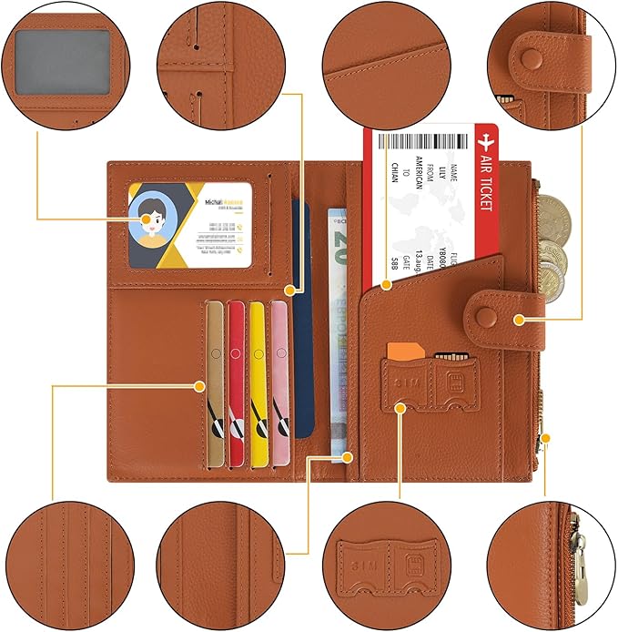 WASON Leather Passport Cover Travel Wallet RFID Blocking – Passport Holder Slot with Zipper Pocket for lD, Boarding Pass,Ticket, Cash, SD Card, Travel Essentials for Men and Women (Brown)