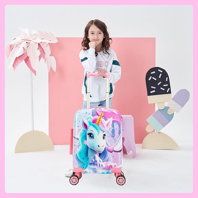 Cute Unicorn Kid’s Luggage Set 2 Piece Suitcase Set 16" Hardside Luggage with Spinner Wheels Girls Carry on Toddler Travel Rolling Luggage Airline Approved