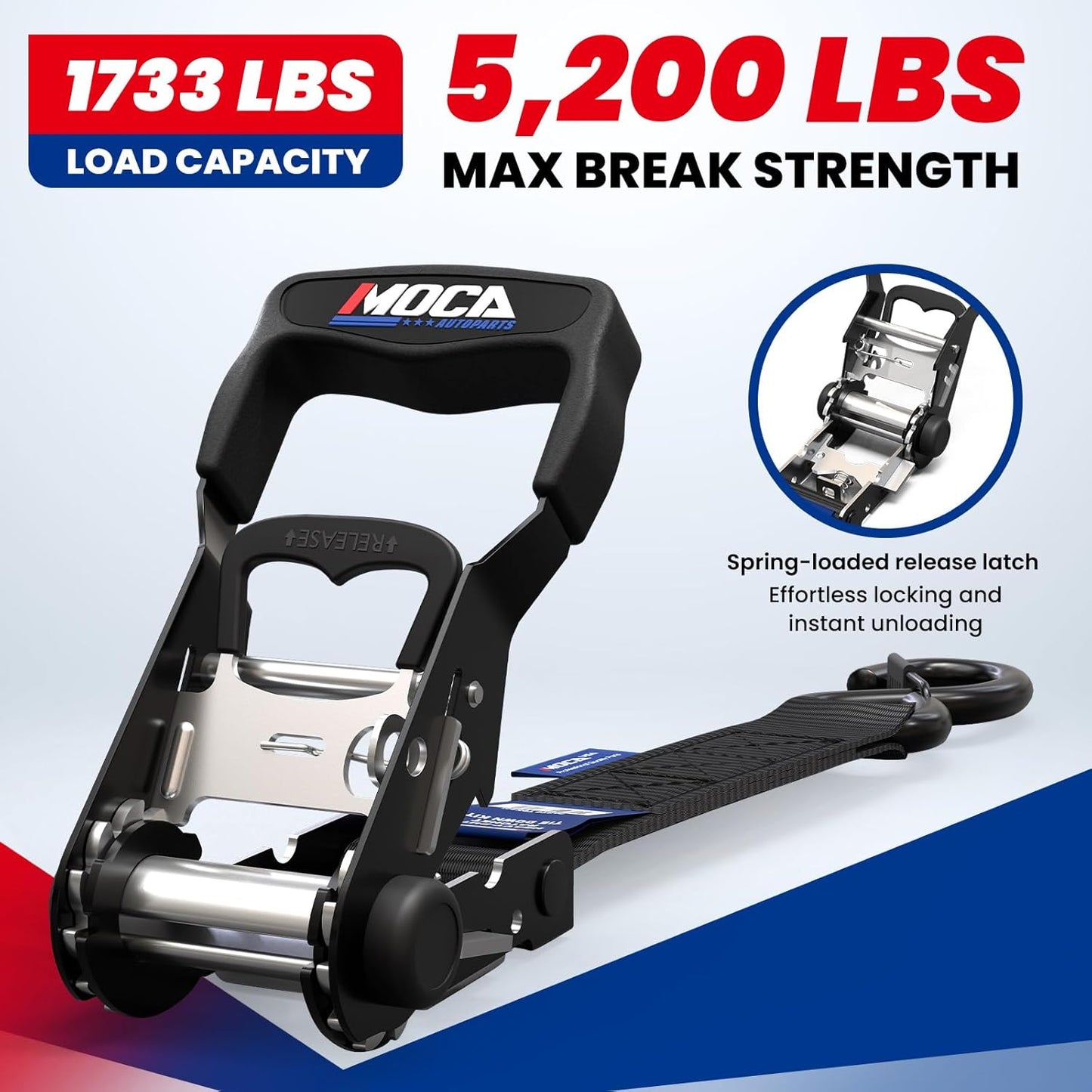 MOCA Heavy Duty Ratchet Tie Down Straps - 5200 Lbs Breaking Strength 1.6" x 8', Includes 4 Heavy Duty Ratchet Padded Handles & Coated Chromoly S Hooks & 4 Soft Loop Tie-Downs