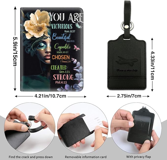 Passport Holder Women Wallet with Luggage Tag, Leather Passport Cover with RFID Blocking, Travel Accessories Multi Card Slot Passport Case for Men，African Girl Inspirational Quotes Flowers