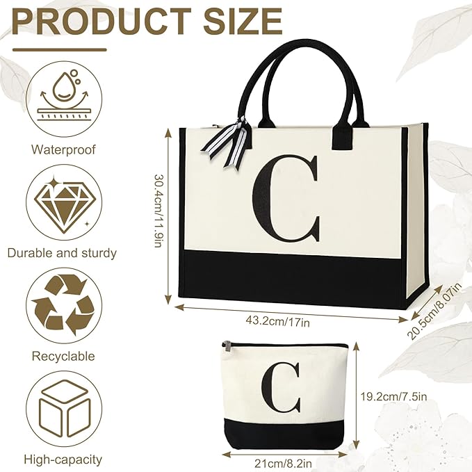 Personalized Canvas Tote Bag for Women Makeup Pouch Initial Beach Bag Removable Bottom Board for Travel Birthday