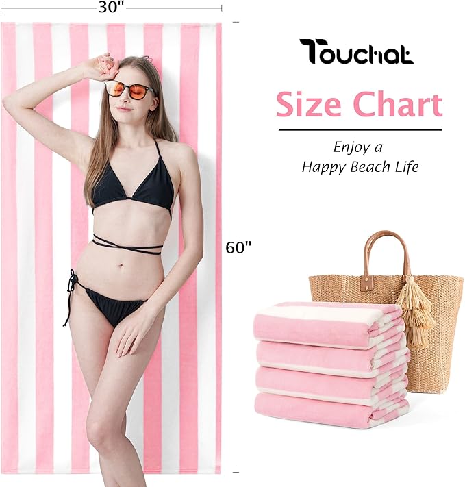 Touchat 4 Pack Cabana Stripe 250GSM Polyester Lightweight Quick-Dry Beach Towel & Blanket Combo- 30'' x 60'' Compact Travel Towel for Pool, Camping, Gym, Yoga | Ultra-Portable, Multi-Functional，Pink