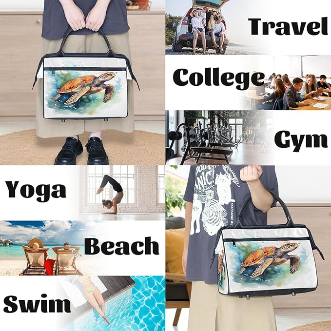 Watercolor Turtle Painting Travel Duffel Bag, Waterproof Sports Gym Duffle Bag, Large Capacity Weekender Carry On Overnight Bags for Women Men