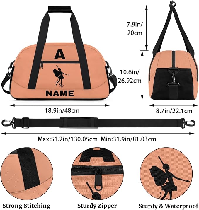 Personalize-Kids-Sports-Duffel-Bags With Custom Name Text Carry-On Overnight Travel Gym Lightweight Dance Pattern Sports Bags For Girls Boys Kids,Orange