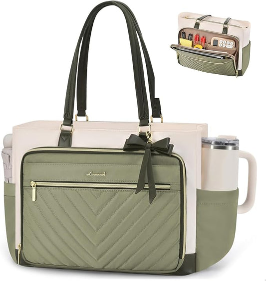 LOVEVOOK 17 Inch Laptop Tote Bag for Women, Work Bag for Teacher with Large Cup Holder, Quilted Nurse Diaper Bag for Travel, Computer Women's handbags for gift