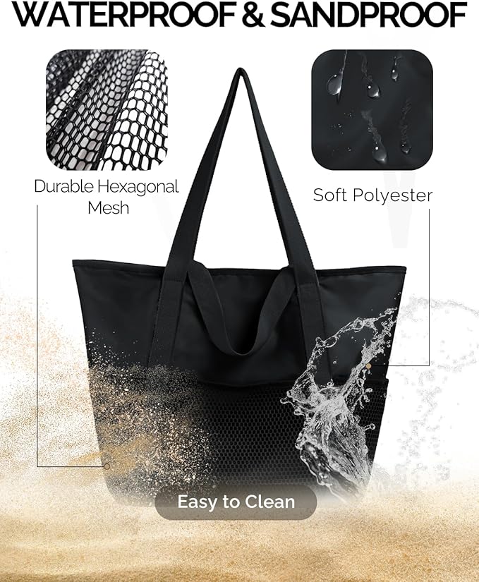 HOMESPON Beach Bag Large Waterproof Sandproof Tote for Women with Zipper and Mesh Pockets