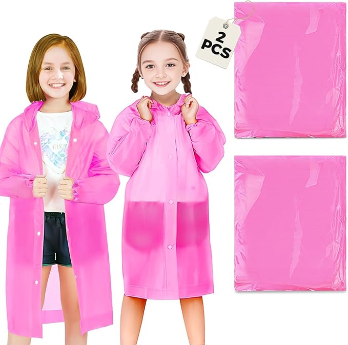 BFONS Rain Ponchos for Kids, Reusable Raincoats for Boys Girls with Hood and Sleeves, Waterproof Rain Jackets for Travel Outdoor Pink 2PCS