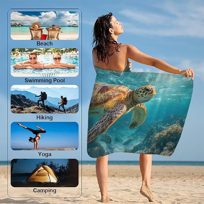 Sea Turtle Summer Animal Beach Towel, Large Microfiber Quick Dry Lightweight Pool Bath Towels Sand Free Beach Blanket for Summer Cruise Yoga Camping Travel Vacation Essentials 31 x 61 in