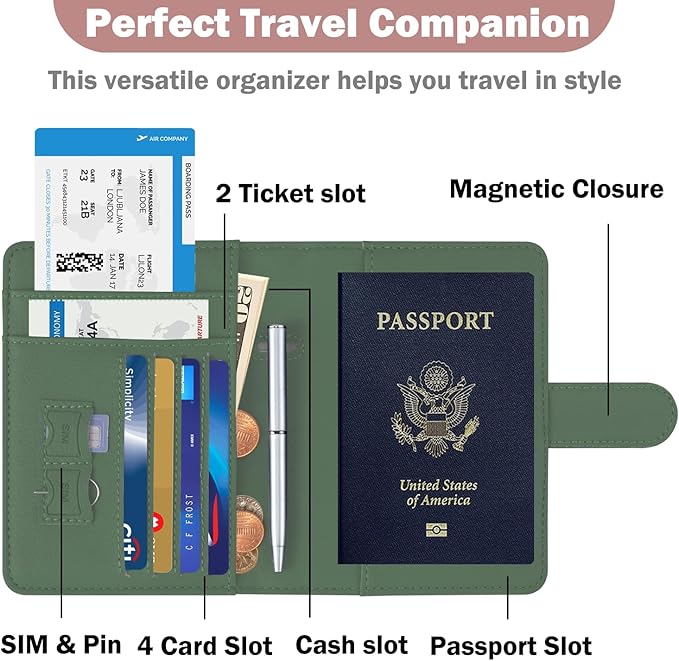 HOTCOOL Passport Holder Travel Essentials Airplane & Cruise Essentials Ship Leather Wallet Cover Case RFID Blocking Women & Men Vacation Travel Accessories Gifts Deals, Litchi - Green