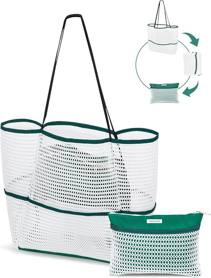 Mesh Beach Tote Bag Packable,2026 New 2-in-1 Large Lightweight Foldable Beach Bags with Multiple Pockets for Women