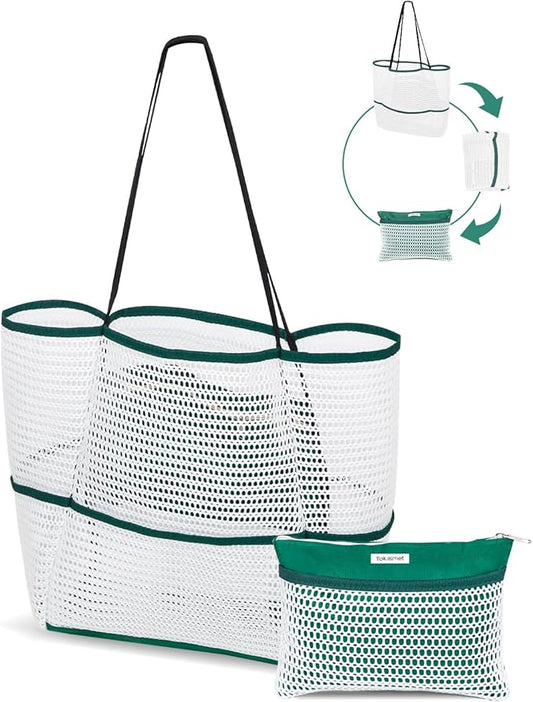 Mesh Beach Tote Bag Packable,2026 New 2-in-1 Large Lightweight Foldable Beach Bags with Multiple Pockets for Women