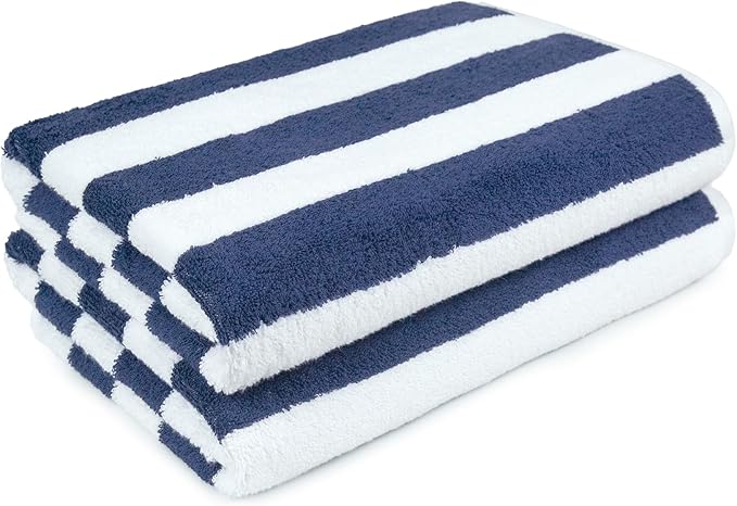 Amazon Basics 100% Cotton Soft & Absorbent Beach Towels, Cabana Stripe, Fast Drying, Machine Washable, Large 30 in x 60 in, Navy Blue, 2-Pack
