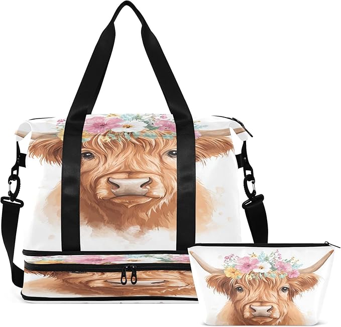 Travel Duffel Bags for Women Cute Highland Cow with Flower Crown Print Sports Duffel Bags Gym Bags with Shoes Compartment Tote Bag Weekender Bag for Travelling