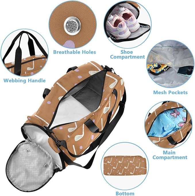 VIGTRO Golf Clubs Purple Dots Pattern Kids Overnight Travel Duffel Bag Sport Gym Bag for Boys Girls with Shoe Compartment, Carry On Weekender Luggage Bag for Dance Swim Yoga