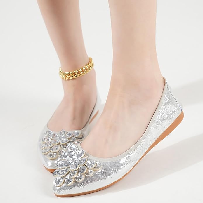 Flats Shoes for Women Rhinestone Wedding Ballerina Shoes Foldable Sparkly Comfort Slip on Flat Dressy Flats