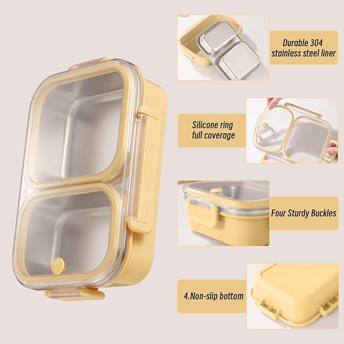Stainless Steel Lunch Box with 2 Compartments, Leakproof, 30.5 oz Food Storage Containers, Bento Box for Adults,Men,Women(Yellow)