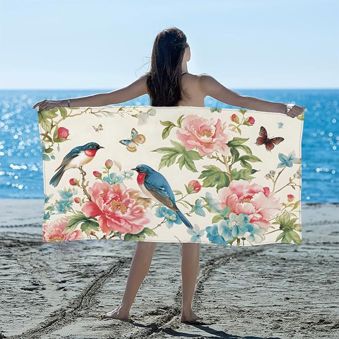 Birds Butterflies Flowers Beach Towel, Large Microfiber Quick Dry Lightweight Pool Bath Towels Sand Free Beach Blanket for Summer Cruise Yoga Camping Travel Vacation Essentials 31 x 61 in