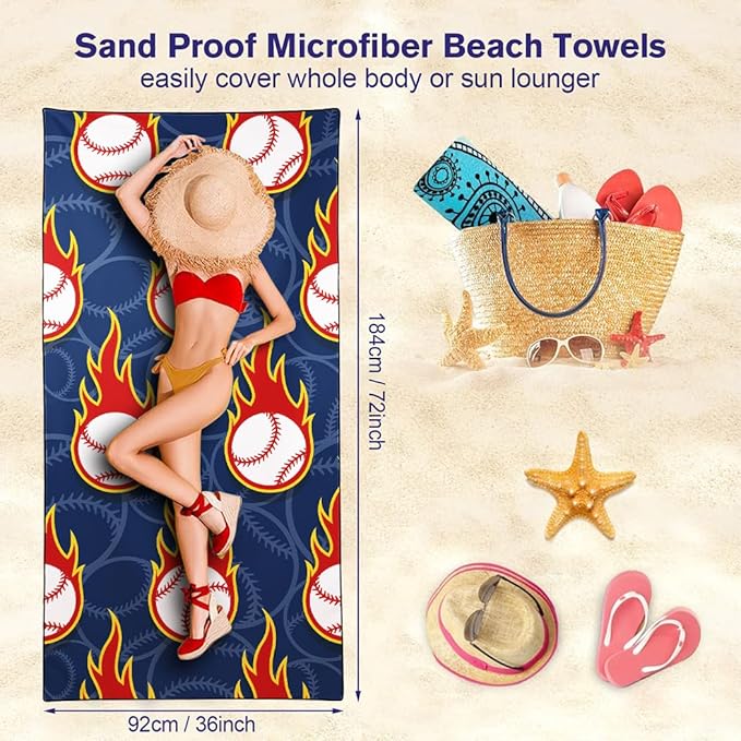 Flame Baseball Pattern Beach Towel 36"x72" Quick-Dry Sand-Free Soft Microfiber Pool Camping Travel