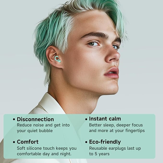 Ear Plugs for Sleeping Noise Canceling, 30dB Noise Reduction, Reusable Silicone Earplugs for Snoring Solution, Comfortable Fit with 4 Sizes and Carrying Case Green