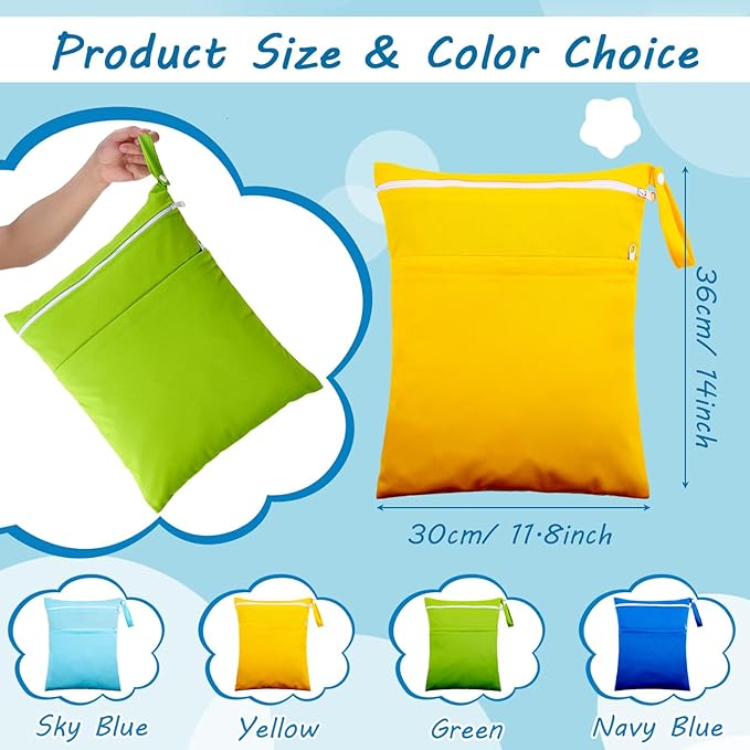 Shappy 4 Pcs Wet Dry Bag for Baby Cloth Diapers Waterproof Wet Bag Washable Travel Reusable with 2 Pocket for Swimsuits for Yoga Gym Travel Beach Pool(Sky Blue, Yellow, Green, Navy Blue)