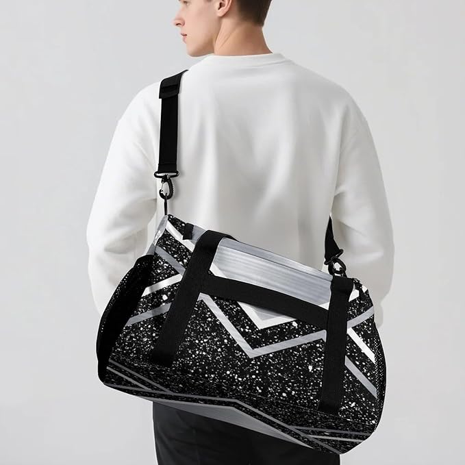Cheer Silver Black Grey Cheering Stripes Tote Bag, Customized Duffel Bags Weekender Overnight Bag Travel Bag Personalized Gift Gym Bags Luggage Bag