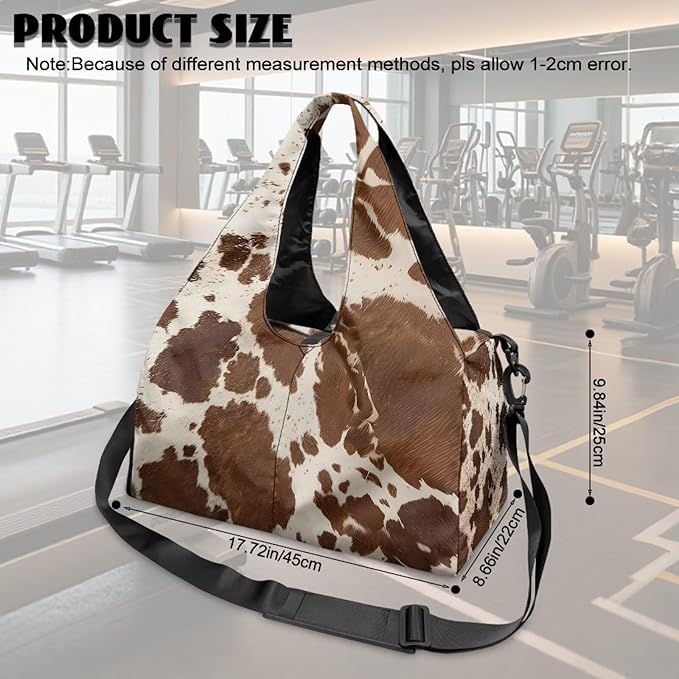 Brown Cow Print Lightweight Gym Bag for Women with Shoe Compartment Sports Carry On Weekender Duffel Bag for Sports, Overnight, Swim, Travel Duffel Bags