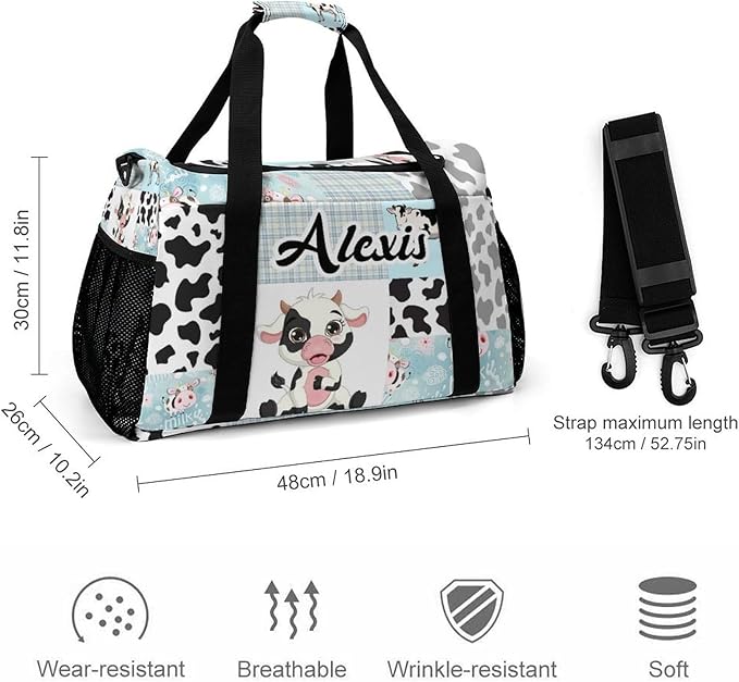 Gym Bags Blue Plaid Patchwork Cow Pattern Duffel Bag Adjustable Shoulder Strap Perform Training Travel Bag for Teens Adults Women Men Overnight Bag