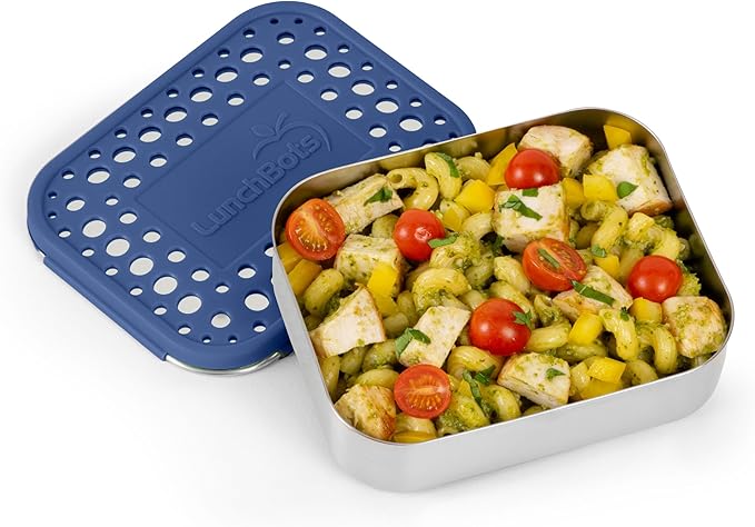 LunchBots Medium Uno Stainless Steel Sandwich Container - Open Design for Wraps - Salads or a Small Meal - Eco-Friendly - Dishwasher Safe and BPA-Free - Blue Dots