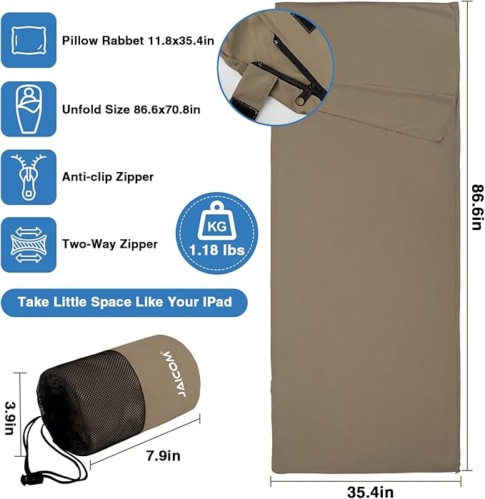 Sleeping Bag Liner, Travel Sheets & Adult Sleep Sack, Ultralight and Portable Summer Sleeping Bag - Ideal for Backpacking, Hotels and Hostels, Business Trips, Camping