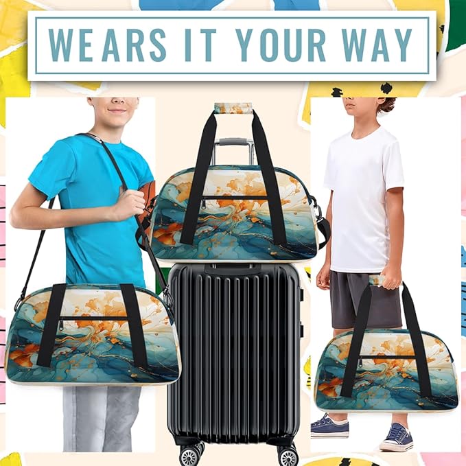 Orange Teal Marble Sports Duffel Bags, Water-Resistant Gym Duffle Bag for Men Women, Lightweight Weekender Overnight Bag for Fitness, Workout, Travel