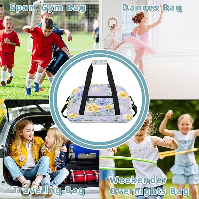 Kids Duffle Bag Girls Boys Spring Summer Rose Flowers On Purple Weekender Overnight Bag,Lightweight Duffel Bags for Traveling Gym Sport Dance