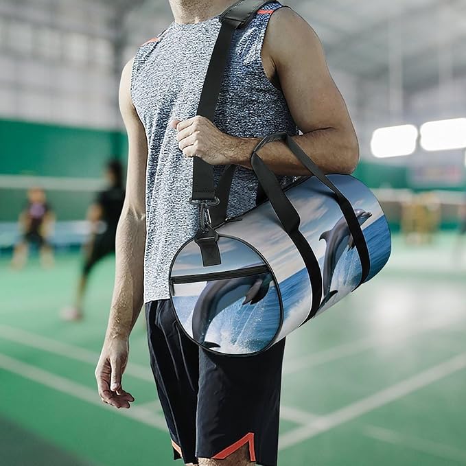 Sports Gym Bag for Women Men Travel Duffel Bag Tote Weekender Bag Jumping Up Dolphins Carry on Overnight Bag for Travel Swimming Fitness Workout Sports Duffle Bag