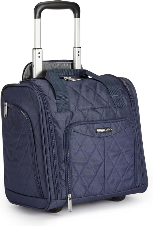 Amazon Basics Underseat Carry-On Luggage with Wheels, 14" Rolling Travel Bag, Fits Under the Seat with Multiple Pockets and Compartments, Navy Quilted