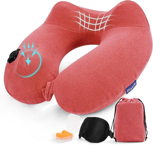 Inflatable Travel Neck Pillow for Airplane, Head Support Velvet Adult Neck Pillow for Long Flight, Kit with Eye Mask, Earplugs and Storage Bag,1, Rose Pink