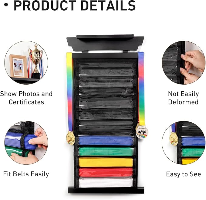Tilhumt 10/12 Belts Karate Belt Display Rack with Photo Shelf, Felt Taekwondo Belt Display Rack Martial Arts Belt Display for Adults TKD, BJJ