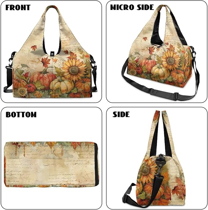 Sunflower Pumpkin Maple Leaf Mini Gym Bag for Women with Yoga Mat Holder Small Duffle Bag Weekender Hospital Workout Carry On Duffel Bags with Shoe Compartment Thanksgiving Decor